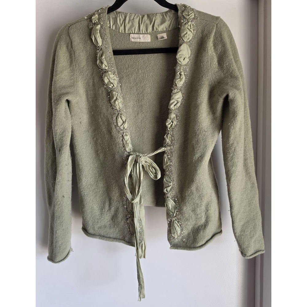Sleeping on Snow Wool Cardigan L Sage Green Boho Sweater Satin Bow Beaded